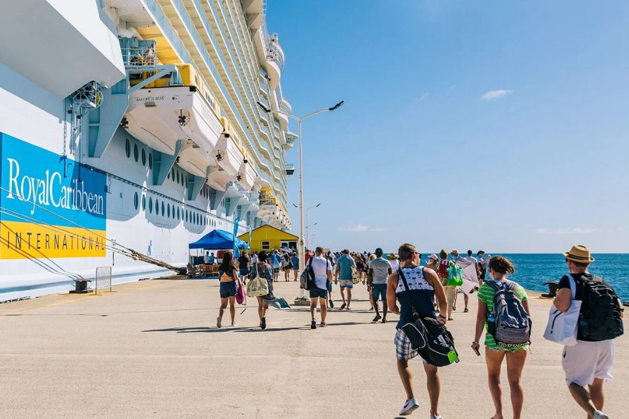 Cruise passengers leaving the ship for a port day in Asia