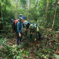 Happy family discovering wildlife at Bau Sau in Cat Tien